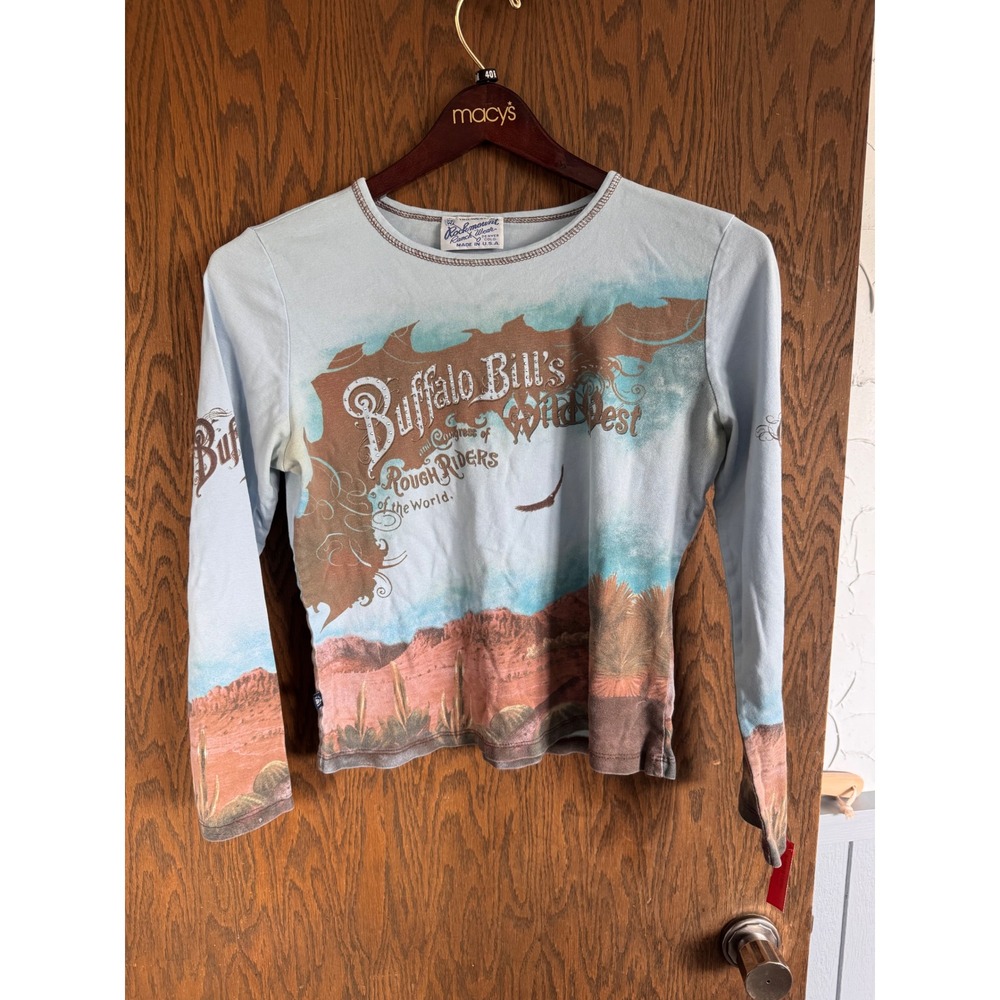 Vintage Rockmount Ranch Wear Buffalo Bill Wild West Graphic Tee Rhinestone Blue